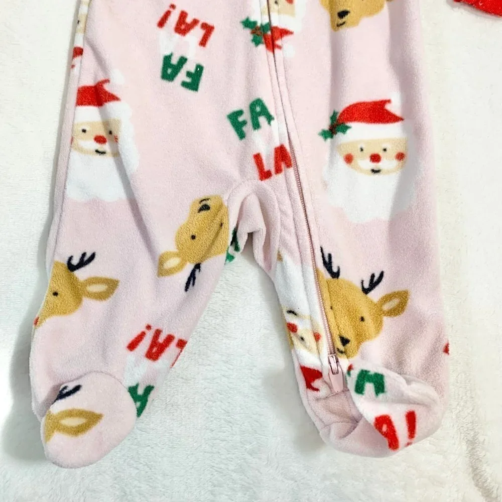 5/$25 Carter's Fleece Footed Sleeper NB Pink Santa Reindeer‎ Christmas Pajamas